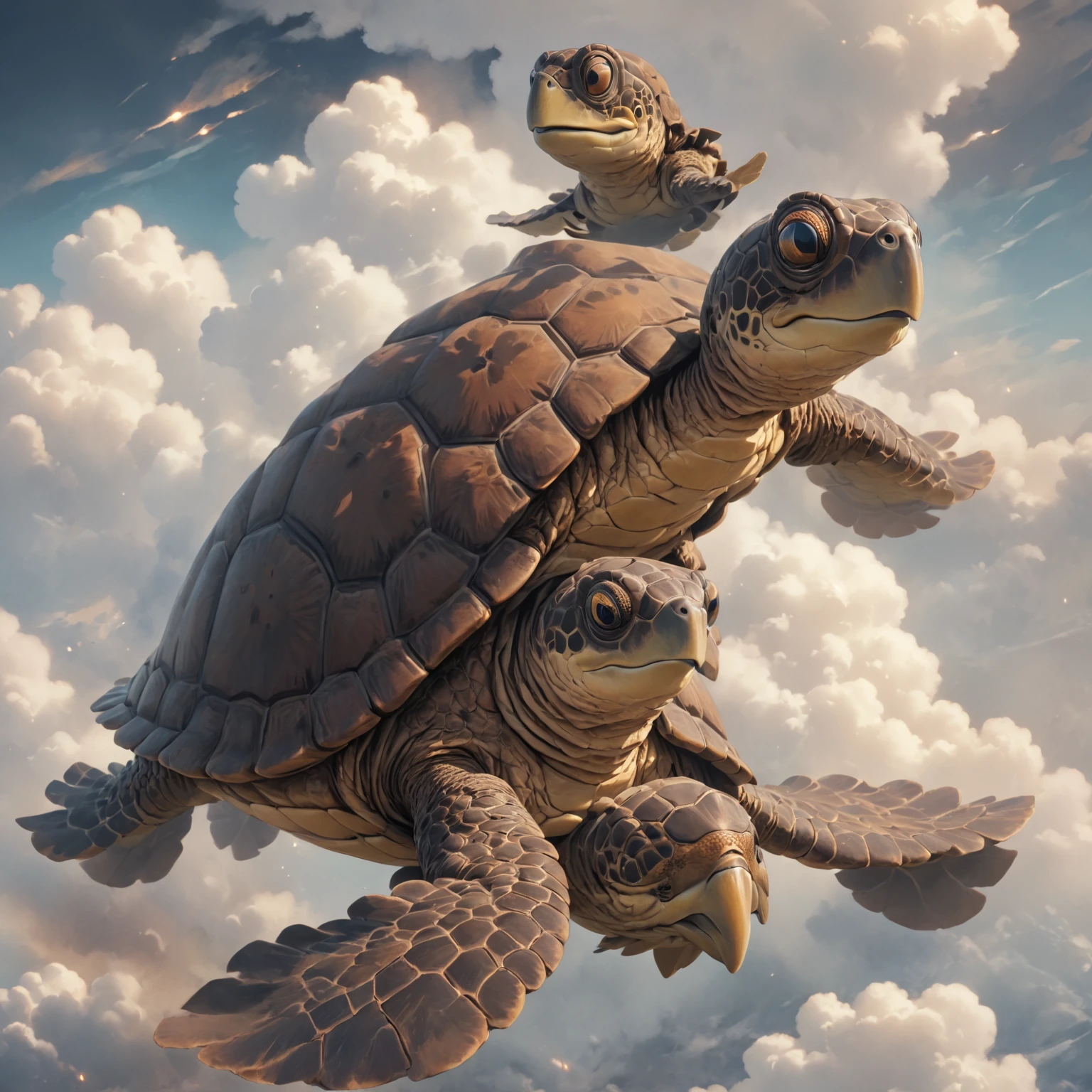 A turtle in the clouds.umigame, brown turtle, black eyes.retro artstyle.riding umigame, (your subject and position), brown turtle.