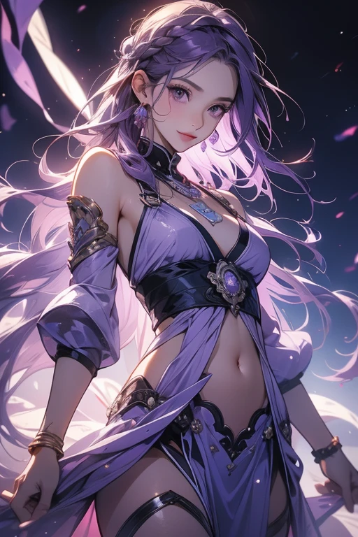 Vampire Queen Combat Dress ( Radiant Royal Cloak: 1.1) Black and Purple Color, Original Character, Masterpiece, Tempting Purple Eyes (Multicolor High Ponytail 1:1.2) Purple Gemstone Accessories Gold Belt, Gold Necklace, Wind Evil Effect, Soft Moonlight , extremely delicate beautiful eyes, depression but arrogant eyes, unique crown, (Corruption Tattoo on 1;1.25), 16k wallpaper style,bare shoulders, cute, petite, solo , stars, stardust, (iridescent hair, colorful hair, half purple and half pink hair: 1.3), wet body detailed, creative, killing scenario, floating effect, magical, mythic, legend horny, (Super Model Body Shape, idol, seducing body, attractive, gorgeous, charming, majesty, Sexy Devil aura), blush, pink lips, extreme movie lighting, close-up