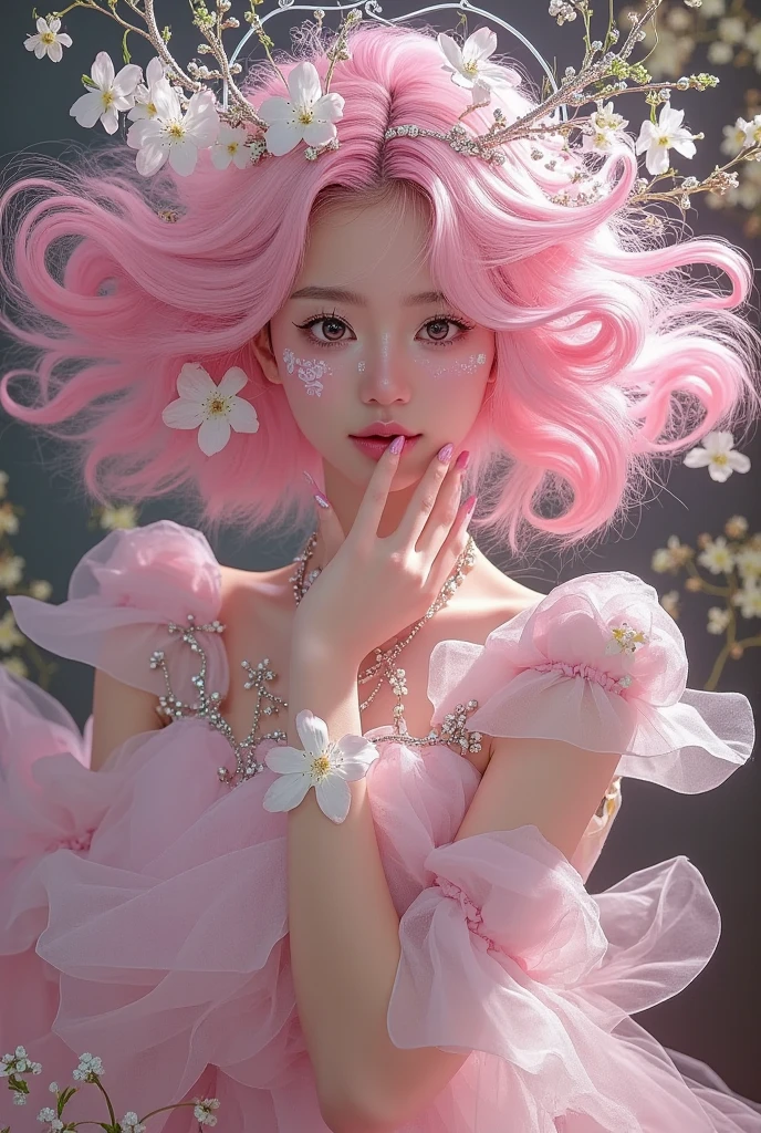 a girl wearing a pink wig and pink dress, inspired by cheng yanjun, fairytale core, artwork in the style of gwi-seob, 🌺 cg society, inspired by shirley cheung, gwi-seob, ethereal steampunk, photos of belle delphine, exquisite digital art, yanjun chengt, aesthetically cute, with flowing movement, exquisite digital illustration