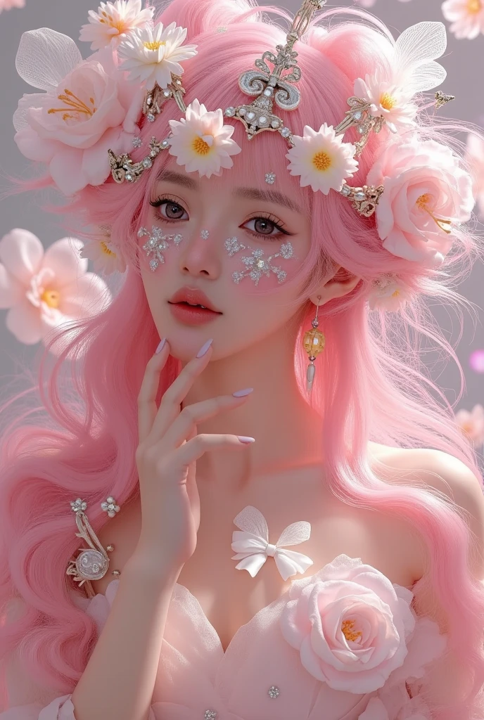 a woman wearing a pink wig and a pink dress, digital art inspired by Yanjun Cheng, popular in the CG community, fantasy art, fairytale core, artwork in the style of Guweiz, 🌺 CG society, Guweiz, ethereal steampunk, belle delphine photography, exquisite digital artwork, yanjun cheng, aesthetically cute, with flowing, exquisite digital illustration