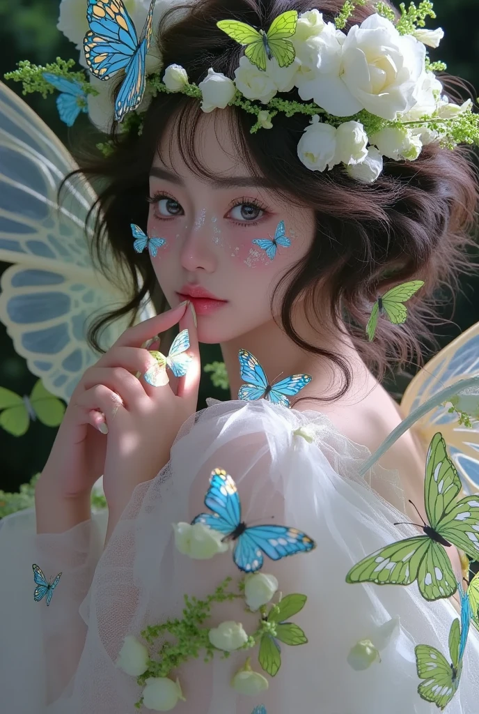 a beautiful girl wearing a flower crown and butterfly wings, intricate butterfly wings, elegant and graceful pose, detailed and delicate facial features, porcelain skin, soft lighting, magical and dreamlike atmosphere, serene forest background, vibrant colors, ethereal and whimsical style, digital art, elegant and charming, inspired by the artwork of Guo Weizhou, beautiful and alluring, highly detailed, photorealistic, 8k, masterpiece