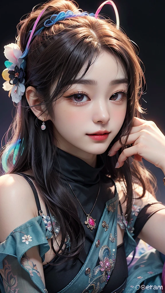 HD, 4K, 8K, Professional Photography, Regular Perspective, Sports View, Mild Sunshine, Sweet Style, ((((Colorful Character Pictures))), Clean and Neat Picture, Crystal Clear Picture Sense, (((beautiful)))), Close-up of a woman with short hair, faint smile, (colorful hair: 60), Chinese girl:, (((black pupils))), black pupils, Kawaii realistic portrait, upper body, upper body portrait, Waist above photo, (front face photo: 20), colorful braids, realistic hair, colorful headband, beautiful anime style, pure white background, white short sleeves, clothes on simple pattern, realistic anime art style, beautiful anime portrait, realistic art style, [stunning real face portrait, colorful]", vibrant fantasy style, cute art style, vibrant realistic colors, realistic style, beautiful girl, character as core, digital art, Realist style, live-action CG, looking at the audience.