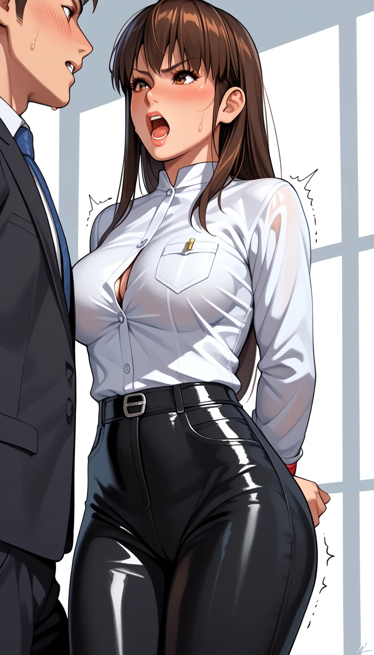 LeiFangDOA, gasp, 1 girl and 1 male, a male holding girl’s leg, glossy black pants, a glossy white business shirt, arms behind back, {{arching the body backward}}, office lady, be breathless, sweat, sparkling sweat, trembling, long brown straight hair, breasts, [[angry]], blush, {anguish}, {{shameful}}