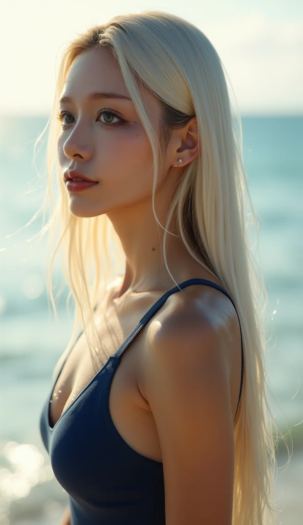 An innocent 20-year-old beautiful platinum blonde、Beautiful, shiny, super long, natural platinum blonde hair、Bangs between the eyes falling on the face、((Wearing an open white T-shirt,Dramatic Pose)),Sexy look,Super long straight blonde silky hair,dazzling blonde reflected light、Bed Background,Beach Background、RAW Photos, (8k、Highest quality、masterpiece:1.2)、(Intricate details:1.4)、(Realistic:1.4)、Octane Rendering、Intricate 3D rendering Super Detailed, Studio Soft Light, Rim Light, Sharp details, Super Detail, Realistic skin texture, Cheek gloss highlighter、Detailed aspect, Very beautiful big bright light blue eyes, Very big eyes、Highly detailed CG Unity 16k wallpaper, Perfect small face beauty、Round face、compensate, (Detailed Background:1.2), Glowing Skin, whole body、From head to thighs、Cleavage,((Sleeping on your back、Angle of view from above))