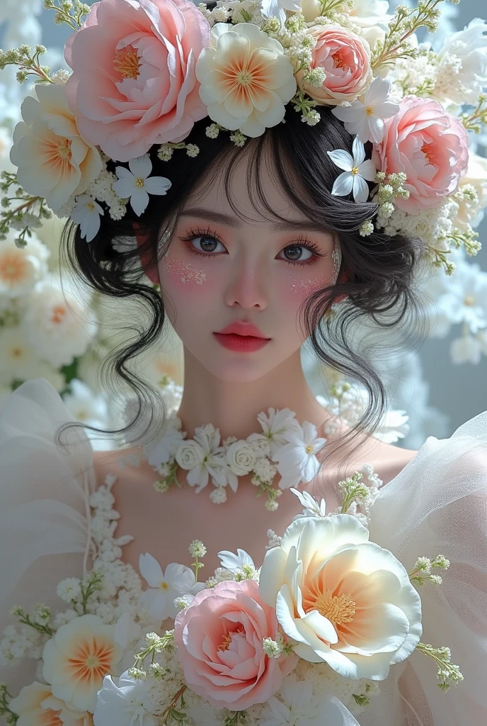 a woman wearing a flower crown, photo by Ayami Kojima, rococo, fairytale core, ethereal, steampunk, Guweiz, artwork in the style of Guweiz, Guweiz masterpiece, ayami koji amano, blooming, highly fantastical, Japanese surrealism