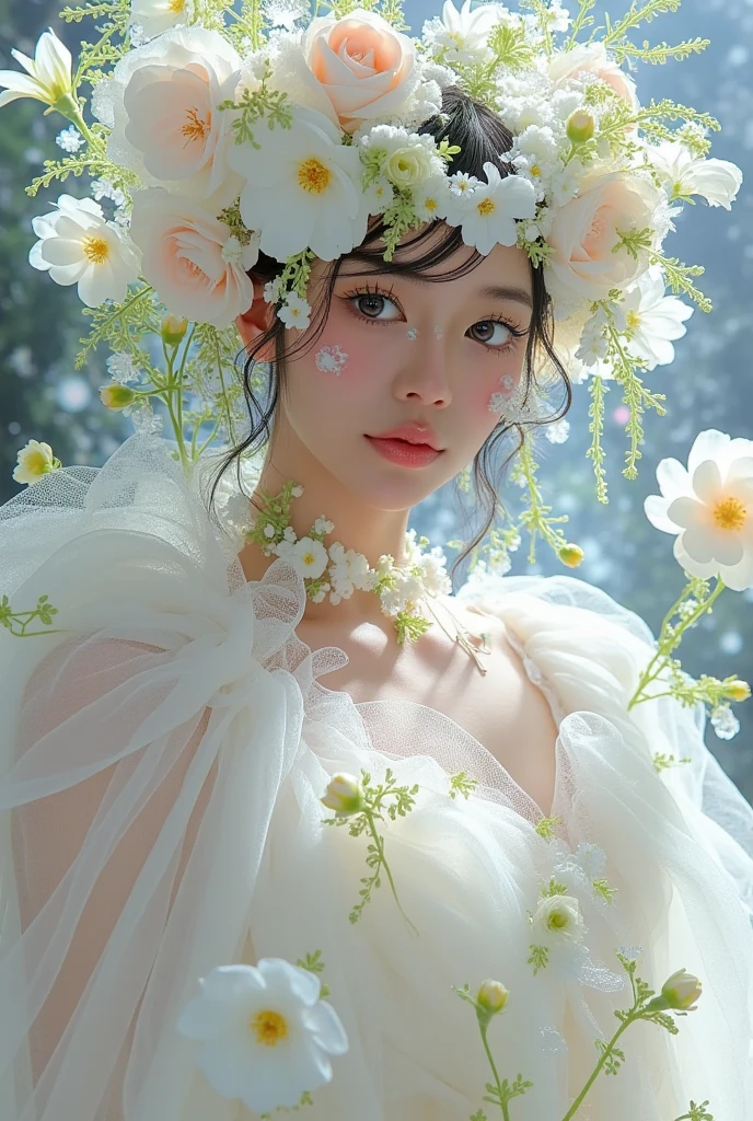 A woman in a white dress and floral crown, ethereal steampunk, flower queen, girl with a floral headdress, flowery faced girl, wearing a flower crown, lotus crown girl, 🌺 CG society, friendly cyborg girl with flowers, surrounded by frozen blooms, flower goddess, floral headdress, floral crown