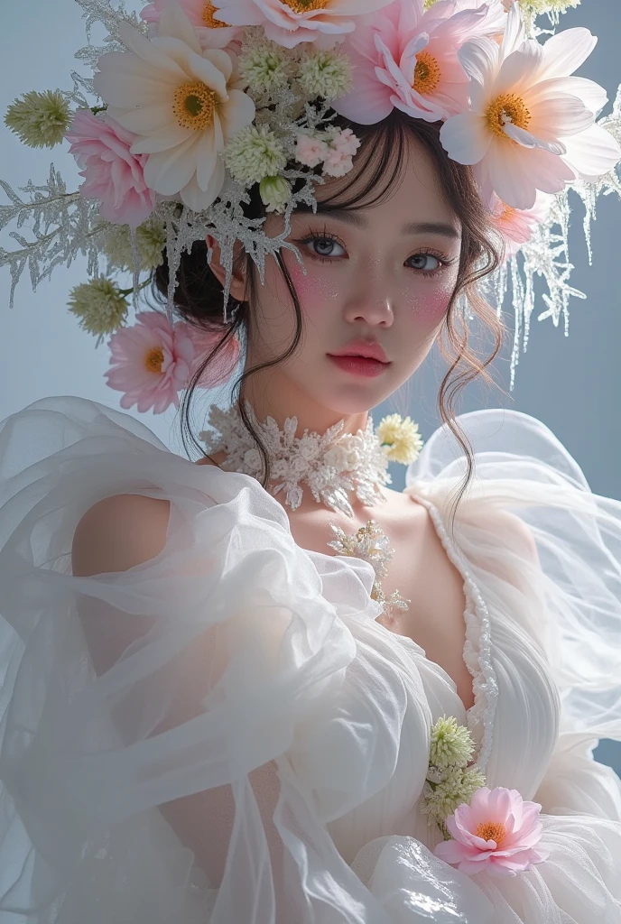 a woman wearing a white dress and floral crown, inspired by impressionist art, tumblr, rococo, ethereal steampunk, the flower queen, a girl with a flower crown, flower-faced girl, she wears a floral crown, lotus flower crown girl, CG society, friendly cyborg girl with flowers, frozen flowers surrounding her