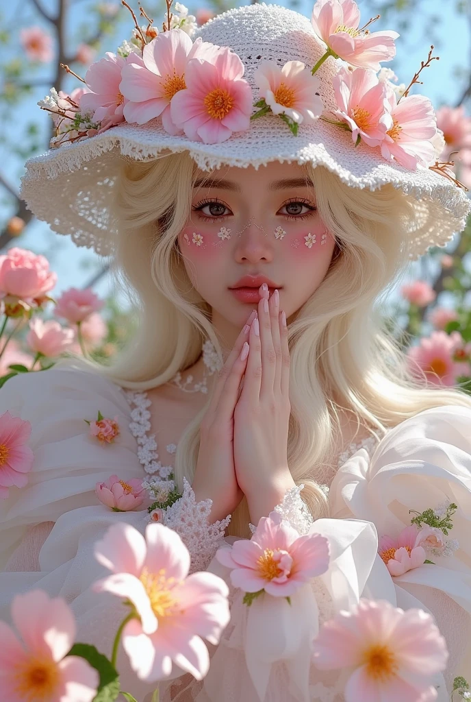 A woman in a white dress and floral hat, anime style mixed with Fujifilm aesthetic, portrait of a flower goddess, surrounded by blooming flowers, exquisite digital art, ethereal steampunk, frozen flowers around, woman in floral field, CG society, with blooming ethereal effects, by jingna zhang, covered in lush flowers, beautiful woman