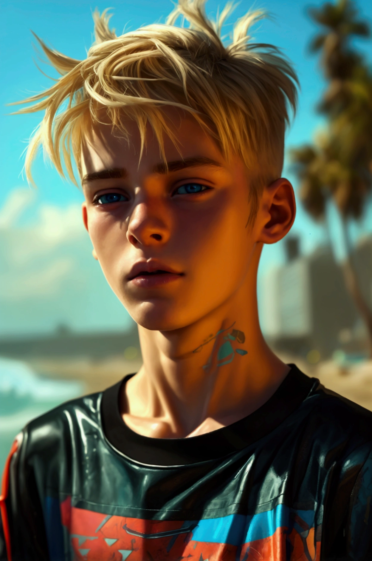 Cyberpunk photo of a young  male cute boyish imature shirtless cyberpunk 18yo teenag boy surfer, Innocent face, innocent expression super skinny, blond, handsome, cute handsome boyish face,   wearing a super tight cyberpunk shorts hyperrealism photo. Full-body male focus. Focus on male cuteness.  Perfect anatomical proportions. Urban Cyberpunk beach setting. Perfect face