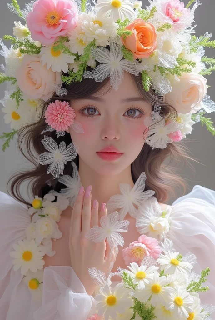  has a woman wearing a flower hat and white dress, A realistic painting inspired by Kim Nong ,  is popular in the CG community, Rococo,  anime style mixed with Fujifilm , flower storm portrait,  Flowers around ,  Beautiful digital art , Flower Goddess,  ethereal ,  There are frozen flowers all around , 🌺 CG Society, 花丛中的女人