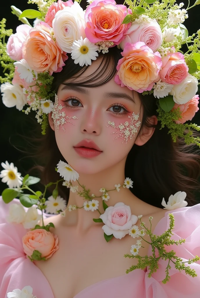 a beautiful woman with flowers in her hair, floral crown, girl with flowers on her face, botanical humanoid, flower goddess, girl with flowers on her cheeks, flower storm portrait, girl in a floral field, flower queen, girl with floral mask, girl made of flowers, floral face, girl with flowers covering her eyes, girl with lotus flower crown