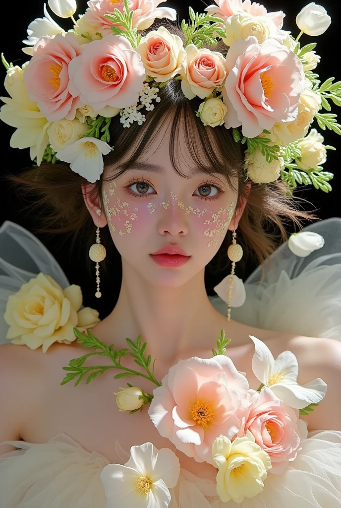 a beautiful young woman with flowers in her hair and a flower crown, a surreal portrait of a flower goddess inspired by the photography of Ayami Kojima on tumblr, a girl with flowers on her face, a human-plant hybrid, a floral storm portrait, a flower queen, a girl in a field of flowers, a girl wearing a flower mask, a girl made of flowers