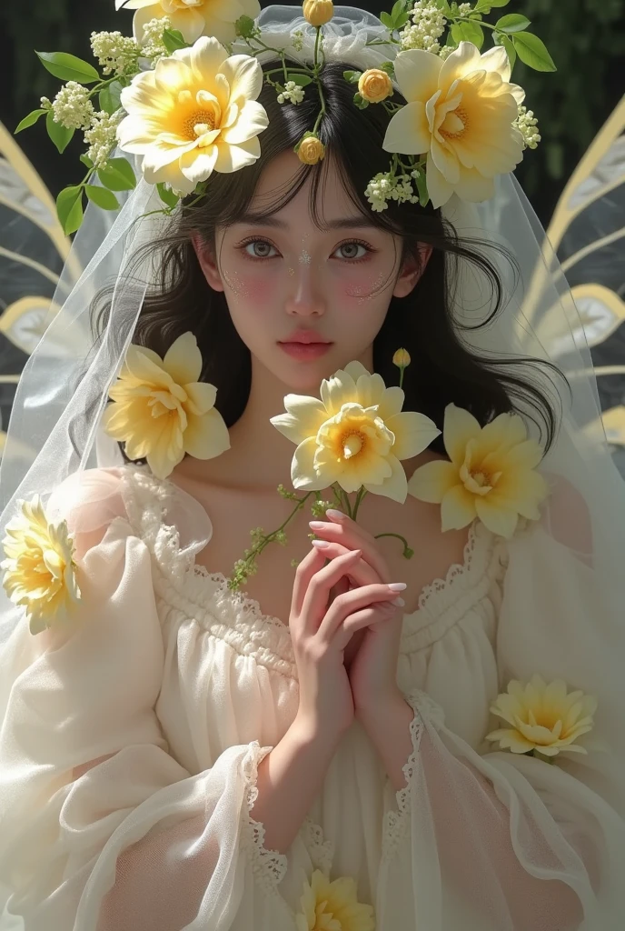 A woman wearing a veil, holding a flower, dreamlike beauty, CG society, Alphonse Mucha style, ethereal, trending on CGStation, fairytale, hyper realistic, core of a fairytale, Alphonse Mucha masterpiece, exquisite digital artwork, portrait of a fairy, beautiful fairy, detailed white eyes