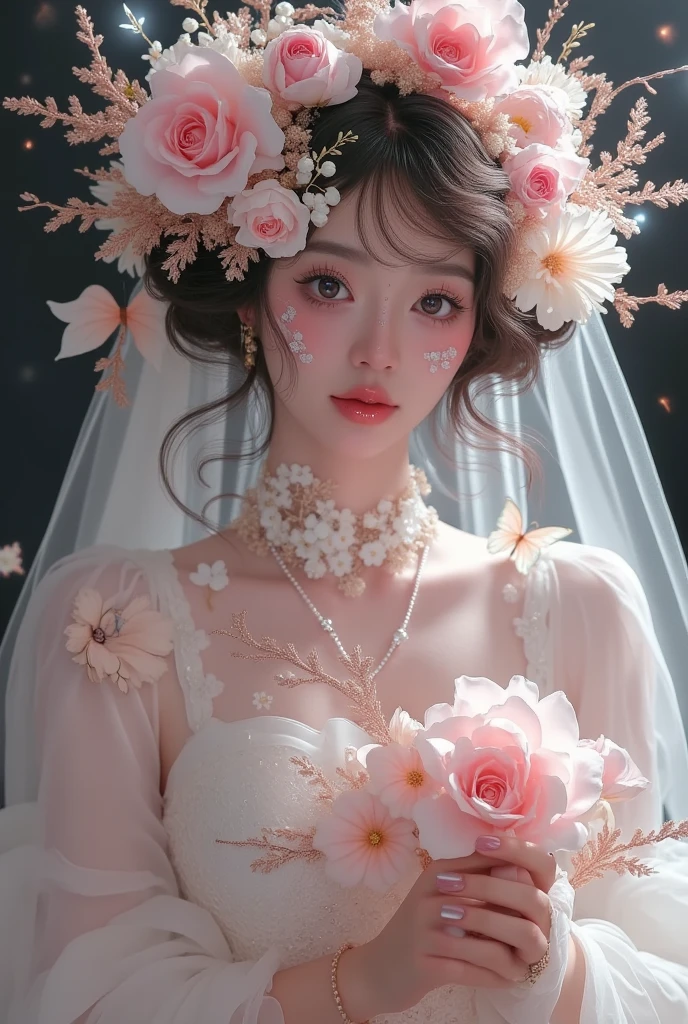 woman wearing veil holding flower, delicate painting by Ye Xin, trending in CG community, fantasy art, dreamlike beauty, 🌺 CG society, Guweizi, artwork in the style of Guweizi, dreamlike, trending on cgstation, ethereal fairy tale, ultra-realistic, fairy tale core, Guweizi masterpiece