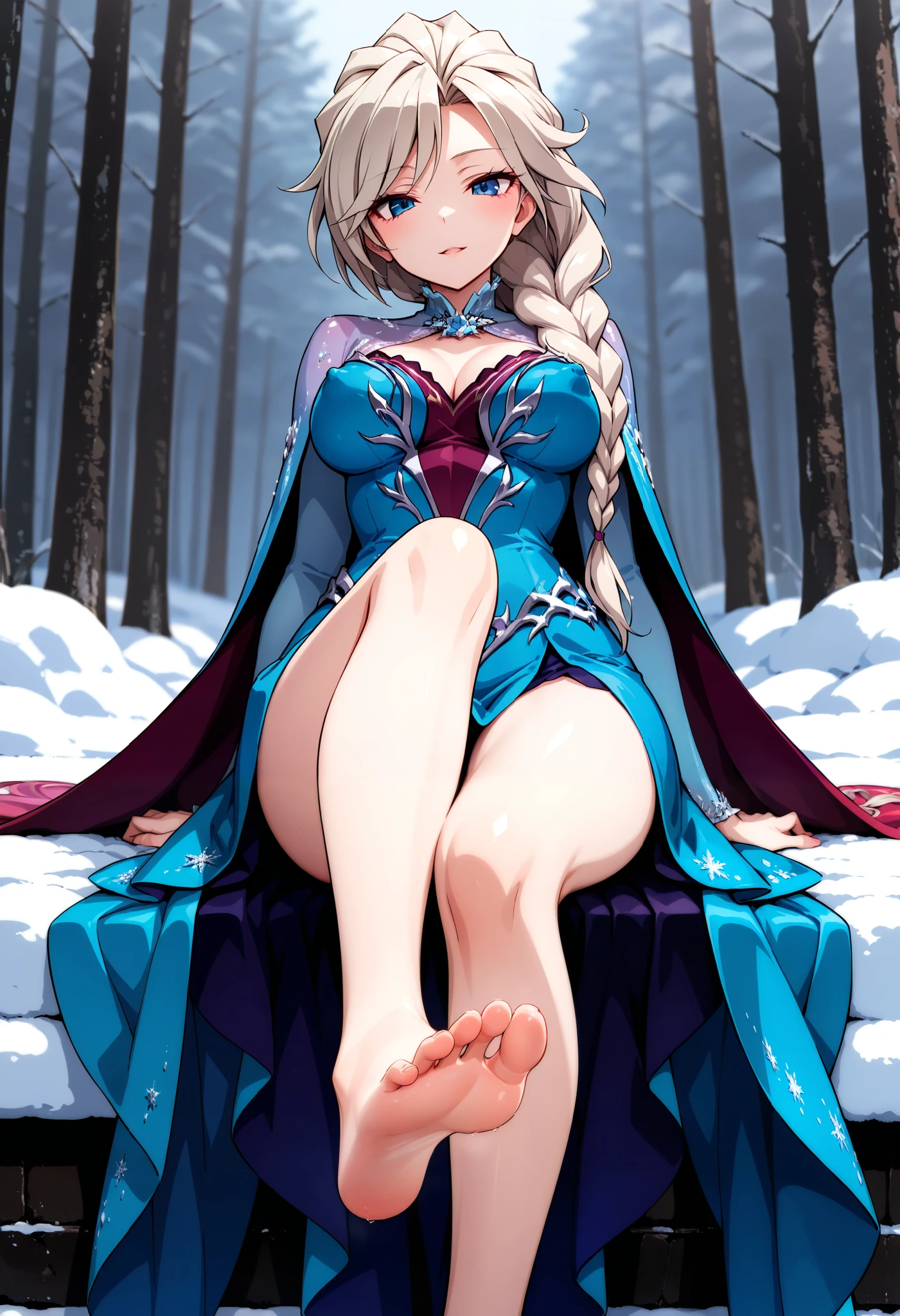  score_9,  score_8_up,  score_7_up,  score_6_up,  score_5_up,  score_4_up,  source_Anime, tag1, tag2, quality_ Masterpiece, anatomically correct, vivid colors, 8k quality, elsa frozen, platinum blonde hair, braided hair, blue eyes, light skin, sat down, showing feet to viewer, barefoot, soles, perfect feet, perfect toes. blue dress, medium sized breasts, erect nipples, snowy background
