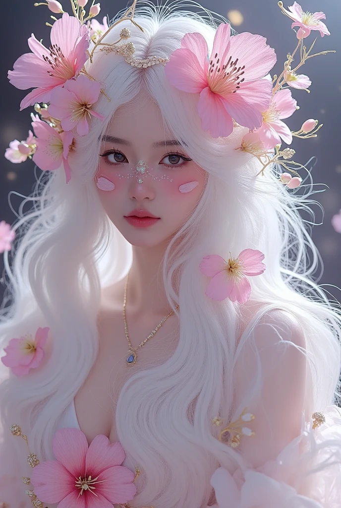 a beautiful woman with white hair and pink flowers, detailed portrait, white dress, highly detailed, digital painting, elegant, concept art, fantasy, dreamlike, intricate, masterpiece, vibrant colors, studio lighting, hyperrealistic, photorealistic, delicate, exquisite, breathtaking, awe-inspiring, mesmerizing, visually stunning, striking, captivating, immersive, ethereal, whimsical, magical, romantic, serene, graceful, refined, sophisticated, high resolution, 8k, cinematic, dramatic lighting, lush, vivid, rich, dimensional, three-dimensional, volumetric, textured, detailed fabric, glossy, pearlescent, iridescent, glowing, luminous, shimmering, radiant, ornate, elaborate, meticulous, precise, perfect, flawless, incredible, amazing, fantastic, magnificent, sublime, divine