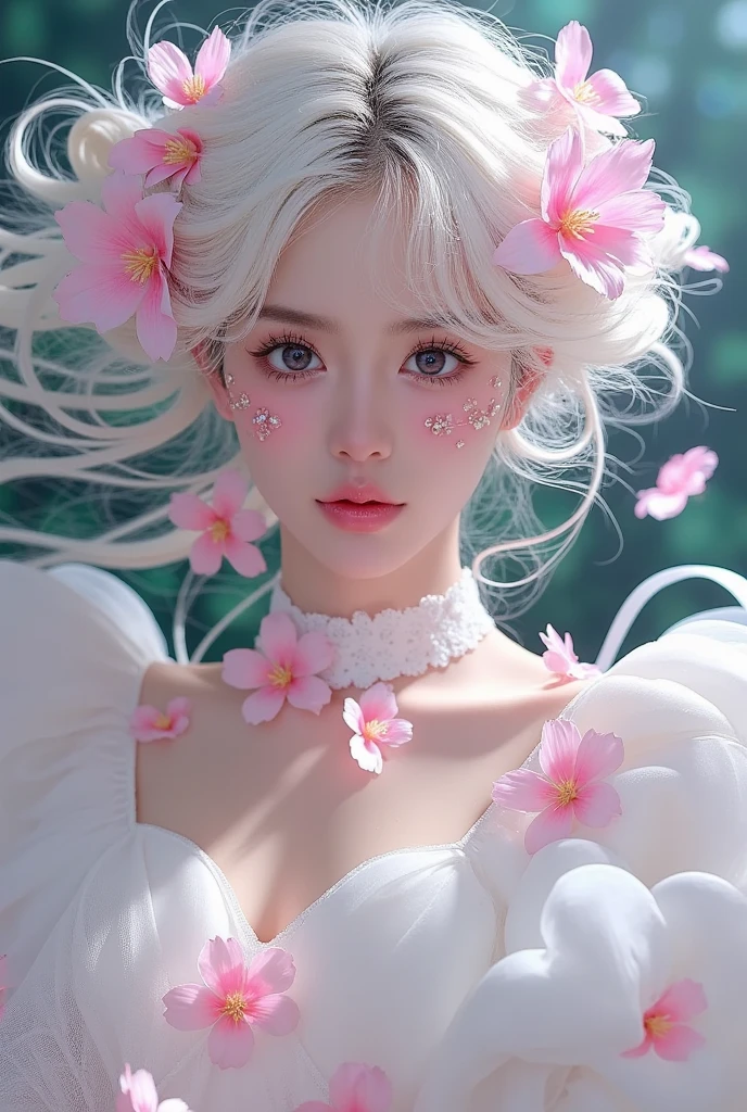 a beautiful woman with white hair and pink flowers, wearing a white dress, digital art inspired by Cheng Yan-jun, trending on CGSociety, fantasy art, artwork in the style of Guweizi, 🌺 CGSociety, Guweizi, exquisite digital illustration, exquisite digital artwork, detailed digital illustration, exquisite digital painting, exquisite digital art, exquisite digital illustration, dreamlike beauty