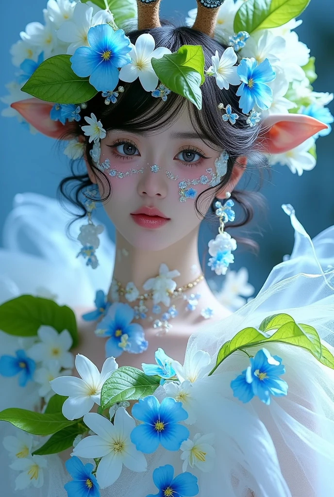 A long-necked giraffe wearing a white dress with blue flowers and green leaves, ethereal and dreamlike steampunk style, inspired by Cheng Yan Jun, surrounded by frozen flowers, CG society, close-up of water magic fantasy, super realistic, by Jingna Zhang and Alberto Seveso, tones of blue and green, exquisite digital artwork, ethereal!!!!!!!