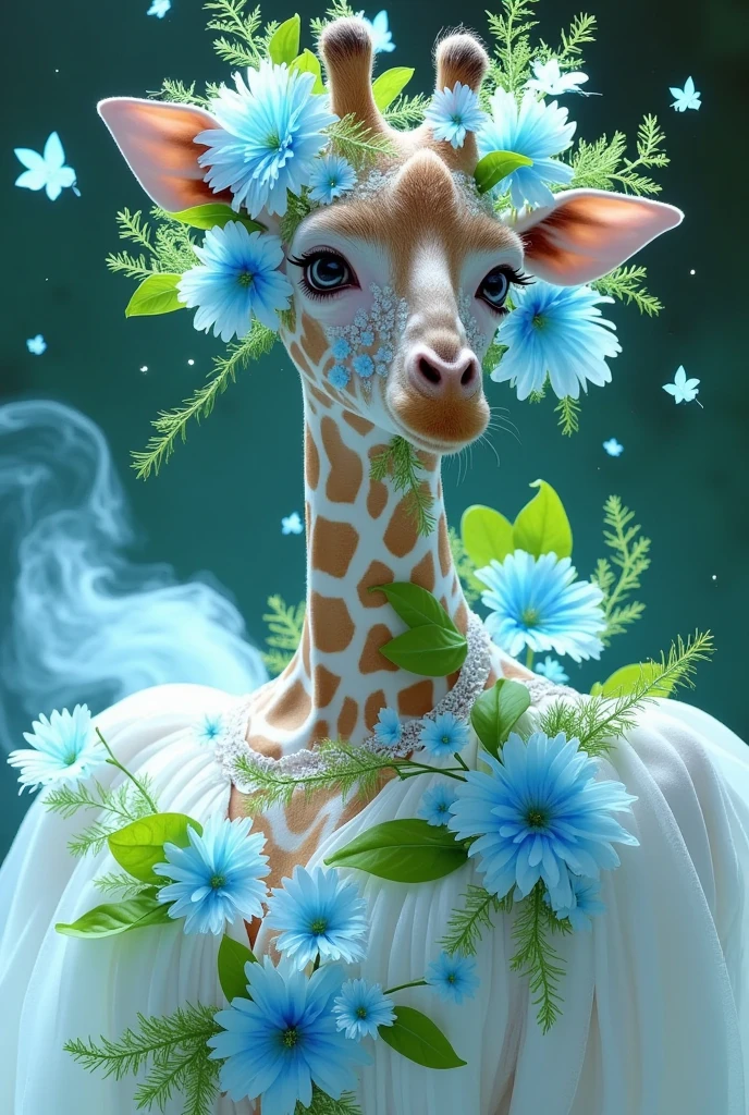 a tall elegant giraffe wearing a white dress with blue flowers and green leaves, hyperrealistic digital painting inspired by cheng yanjun, trending in the cg art community, fantastical steampunk, dreamlike beauty, surrounded by frozen flowers, cg society, close-up of water magic fantasy, ethereal, extremely realistic, yanjun cheng, jingna zhang, teal and green colors