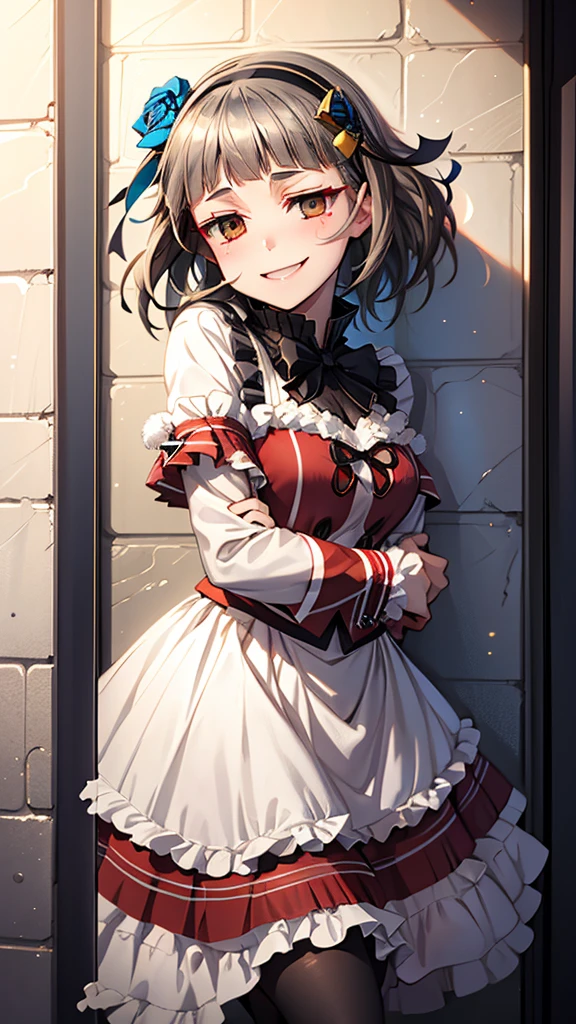 Top quality, very delicate and beautiful, girl, one, 11 years old, (dark brown hair), blue clothes with vertical buttons, belt at the waist, white skirt, (ponytail)), (white hair band), (brown boots), blue eyes, standing, smile, (a large amount of blood back on clothes), hateful expression, strange eyes, (bloodwet), dark falling, (clothes bloody)