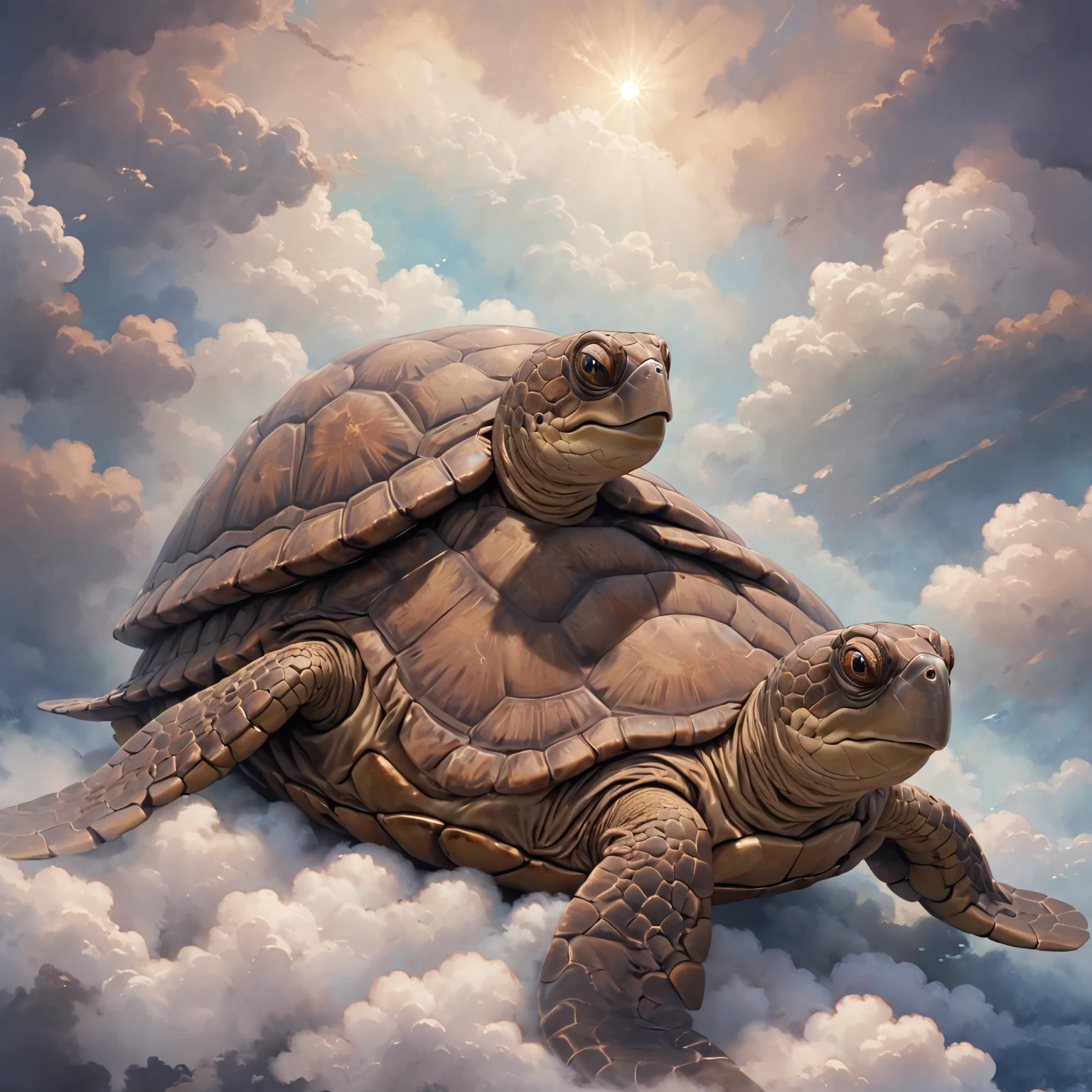 A turtle in the clouds.umigame, brown turtle, black eyes.retro artstyle.riding umigame, (your subject and position), brown turtle.