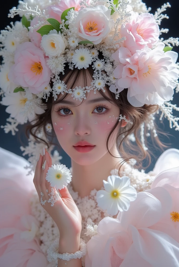 A woman wearing a floral crown, goddess of flowers, surrounded by frozen blooms, dreamlike beauty, ethereal steampunk, by jingna zhang, flower queen, inspired by jin nong, guweizi, flower-faced girl, with blooming ethereal effects, ethereal!!!!!, fairytale core, with flowers, guweizi masterpiece, porcelain skin