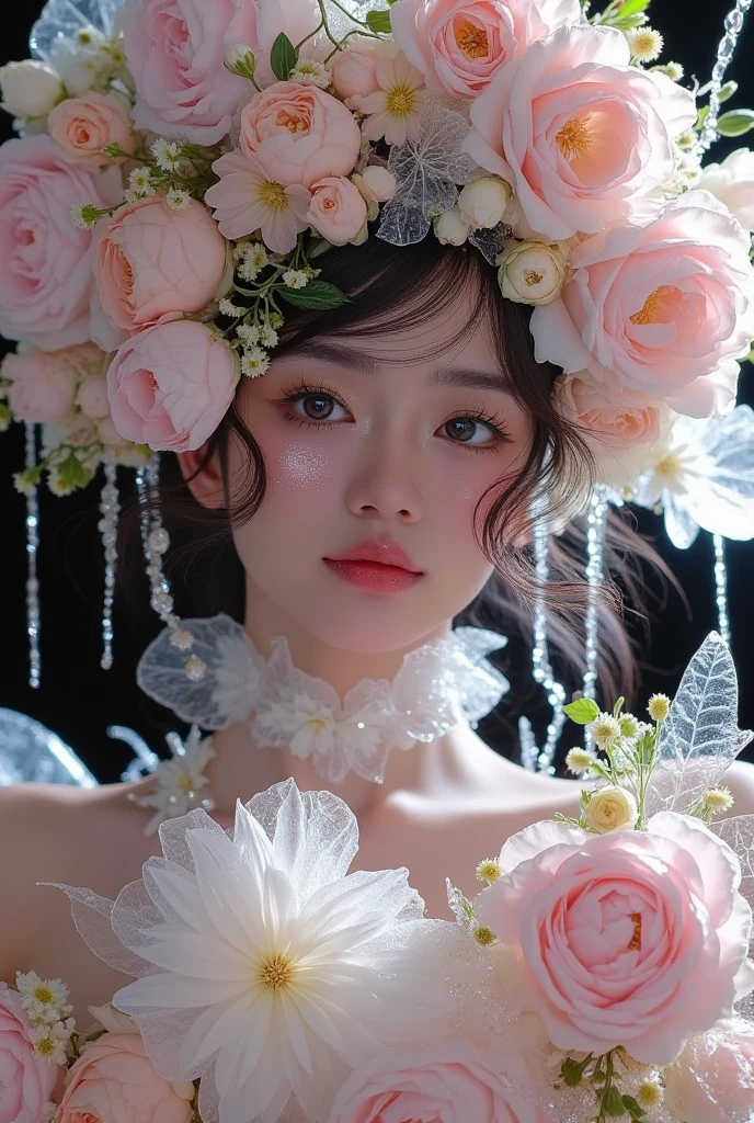 A woman with a flower crown, inspired by the paintings of Klimt, tumblr, rococo, flower goddess, surrounded by frozen flowers, dreamlike beauty, ethereal steampunk, jingna zhang, flower queen, guweiz, flower-faced girl, with blooming, ethereal effect!!!!!!, fairytale core, with flowers