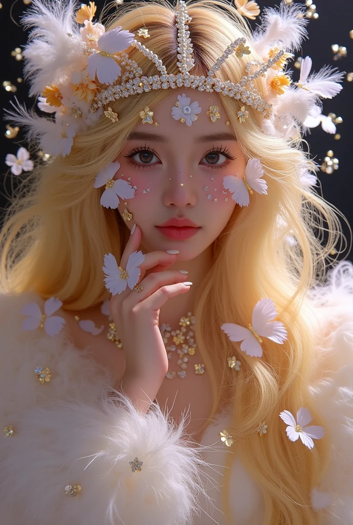 A beautiful woman with long golden hair wearing a feathered headdress and a feathered dress, ethereal fantasy portrait, dreamlike whimsical fairytale scene, Guweiz art style, Guweiz masterpiece, highly detailed, intricate digital painting, vibrant colors, glowing soft lighting, magical atmosphere, inspired by Cheng Yan Jun, stars and floral elements, CG society