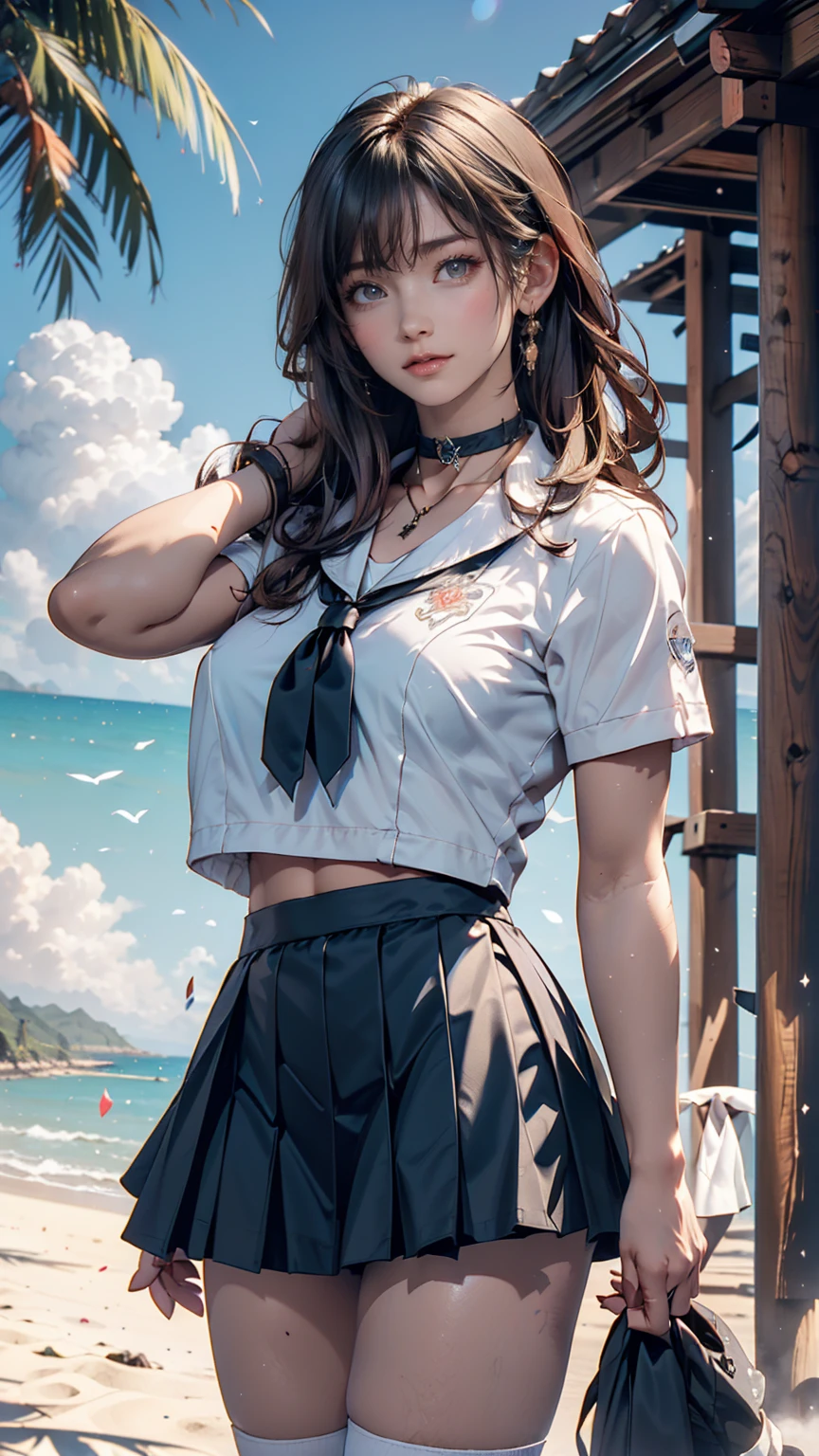 ((  Masterpiece )), (( best quality)), (( high definition )), (( Highly detailed CG Unity 8K wallpaper )), Alone,  Tachibana Kanade ,   tan school uniform with split hair,  micro mini black skirt ,  white socks , Outdoor, face, Curtain Hair,  beach , Hair split ,  Silver Hair、 choker、blue sky、cloud、