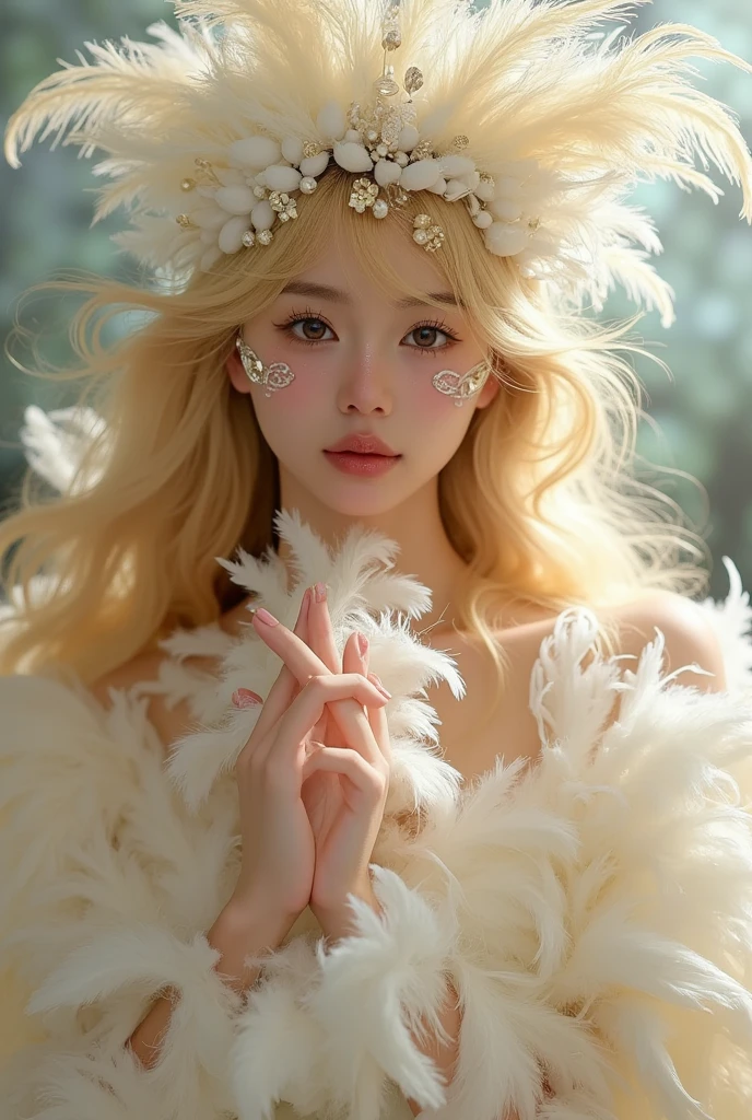 1 girl with long blonde hair wearing a feathered headdress and feathered dress, inspired by Yanjun Cheng, digital art, pixiv, fantasy art, artwork in the style of Gwennie, Gwennie, fairytale core, dreamlike, Gwennie masterpiece, Gwennie on artstation pixiv, ethereal!!!!!!!, celestial maiden, Gwennie on pixiv artstation