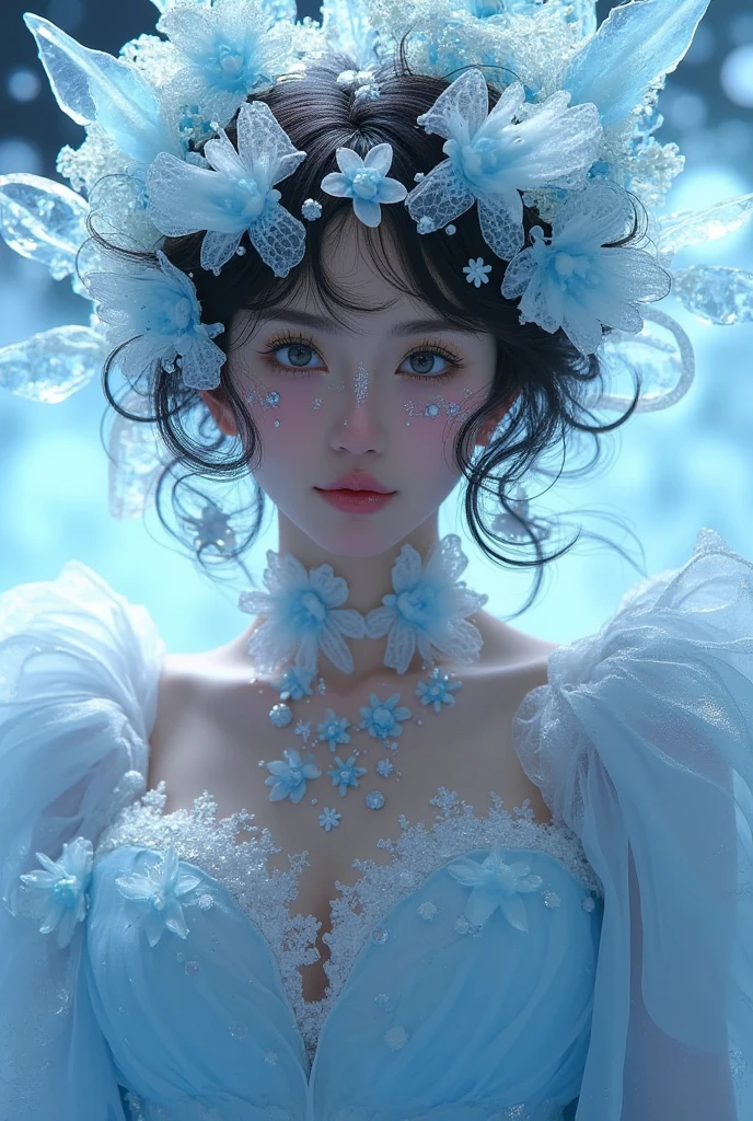 a woman with a blue dress, feathers on her head, ice queen, ice witch, the ice queen, ice princess, ice woman, steampunk ice queen portrait, beautiful ancient frost goddess, frozen flowers surrounding, emma watson as the ice queen, shailene woodley, jellyfish headdress