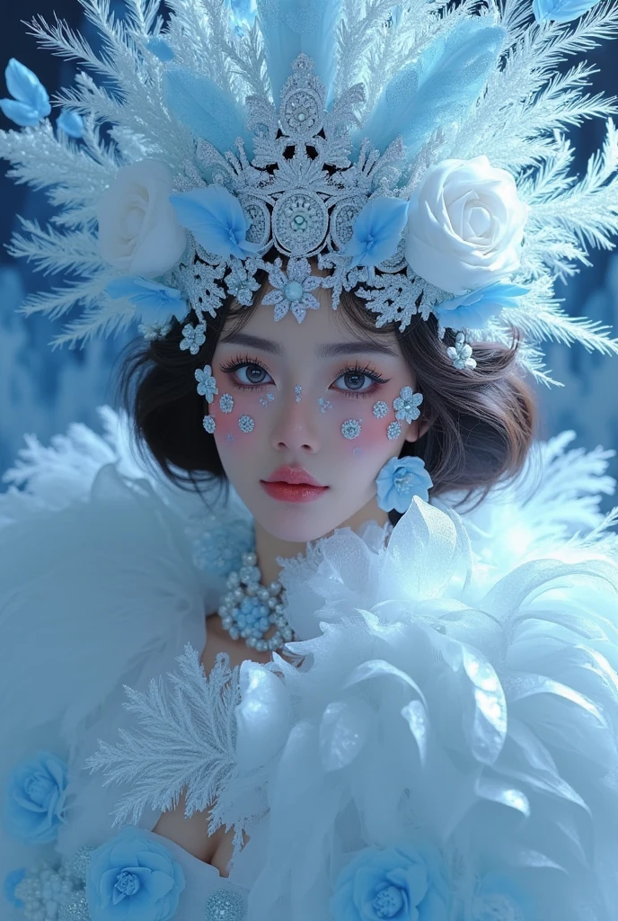  araffe woman in a blue dress，There are feathers and feathers on the head, Portrait inspired by cold plum ,  is popular in the CG community, Rococo, Snow Queen, Ice Witch, the Snow Queen, Ice Princess,  woman made of ice ,  portrait of a steampunk ice girl , 美丽的古代霜之女巫,  There are frozen flowers all around 