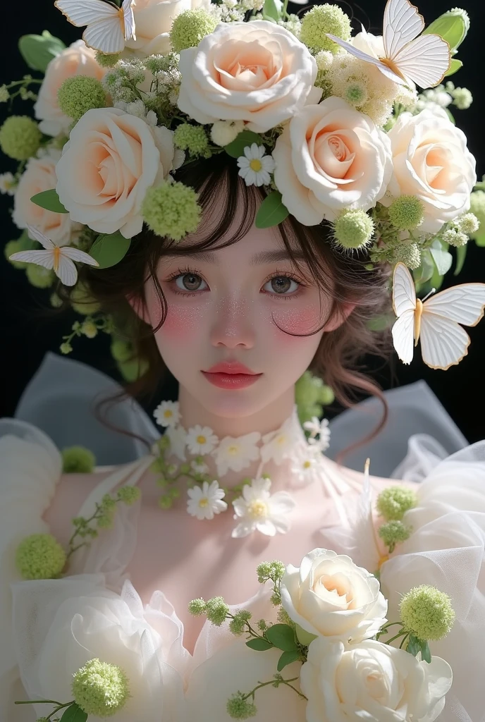 woman wearing a flower-adorned hat with butterflies, fairytale core, artwork in the style of guweiz, guweiz, inspired by Cheng Yanjun, adorable aesthetics, with flowing, ethereal steampunk, dreamlike, ethereal fairytale, dreamlike beauty, 🌺 CG society, guweiz masterpiece, fantasy aesthetics!, belle delphine photo