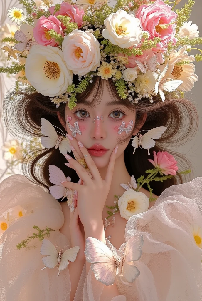 a woman wearing a floral headdress with butterfly decorations, inspired by Yanjun Cheng's digital art, popular in the CG community, rococo, fairytale core, artwork in the style of Gustav Klimt, Gustav Klimt, cute aesthetics, with flowing, ethereal steampunk, dreamlike, whimsical fairytale, dreamlike beauty, 🌺 CG society, Gustav Klimt masterpiece