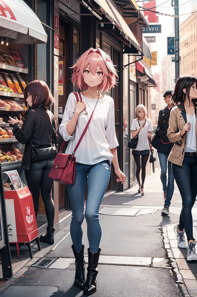 Astolfo, a vibrant city street during the day, features a youthful and androgynous individual with a striking feminine appearance walking confidently. Astolfo is wearing modern, casual feminine attire: a sleek pair of light denim skinny jeans paired with a fitted pastel blouse that highlights their slim figure. The outfit is accessorized with simple yet elegant touches like a crossbody bag and ankle boots. Their expression radiates charm and confidence, embodying a playful yet sophisticated energy. The street is alive with activity, showcasing modern urban architecture, colorful storefronts, and pedestrians enjoying the bustling atmosphere. Warm sunlight filters through the scene, casting subtle shadows that enhance the vibrancy. Astolfo's soft, flowing hair complements their delicate, expressive face, creating a perfect harmony between their stylish appearance and the lively urban setting—Astolfo, modern feminine fashion, casual style, 8k image, high resolution, highly detailed, vivid atmosphere, best image quality.

