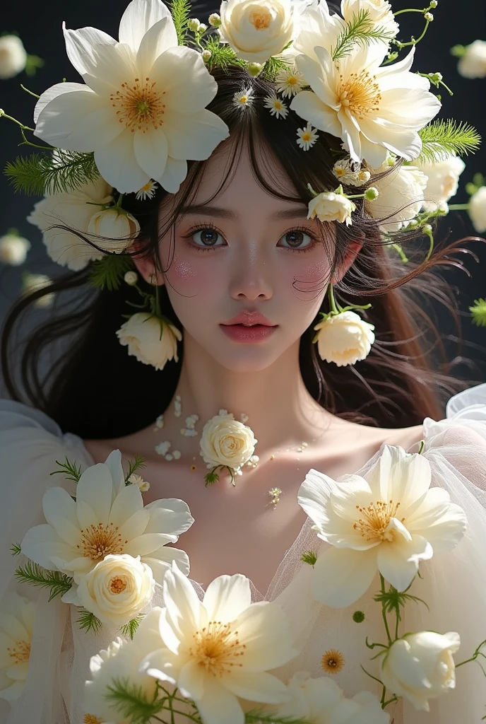 1girl, beautiful woman wearing a flower crown, ethereal, dreamlike, fairytale, extremely detailed portrait, beautiful skin, long flowing hair, glowing, mystical, surreal, whimsical, fantasy, vibrant colors, soft lighting, cinematic, dramatic composition, digital art, by Saemi Kojima, steampunk, inspired by Klimt, spring goddess, flower goddess, unbelievably ethereal, flower queen