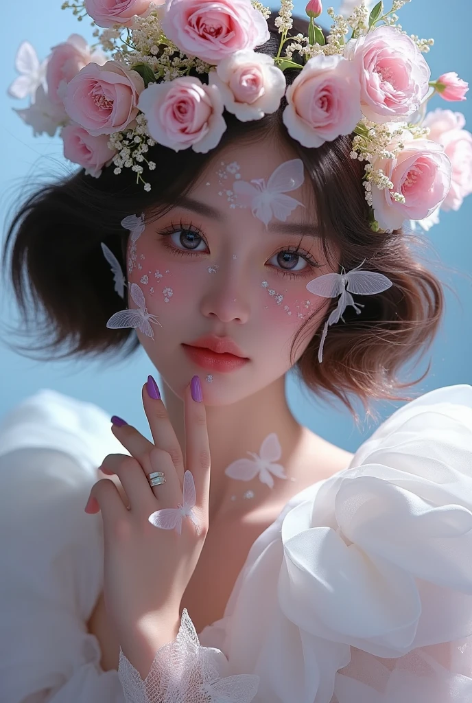  There is a woman wearing a flower crown, Kojima Ayami (Ayami Kojima) Photos taken, tumblr, Rococo,  Fantastic Beauty, Fairy look , ethereal!!!!!!!, ethereal!!!  Super Realistic , Fairy Tale Core, Fairy Portrait,  Ethereal Fairy Tale ,  Portrait of a Fairy , ethereal!!!,  ethereal , Spring Goddess, Flower Goddess,  unbelievably ethereal , Flower Empress