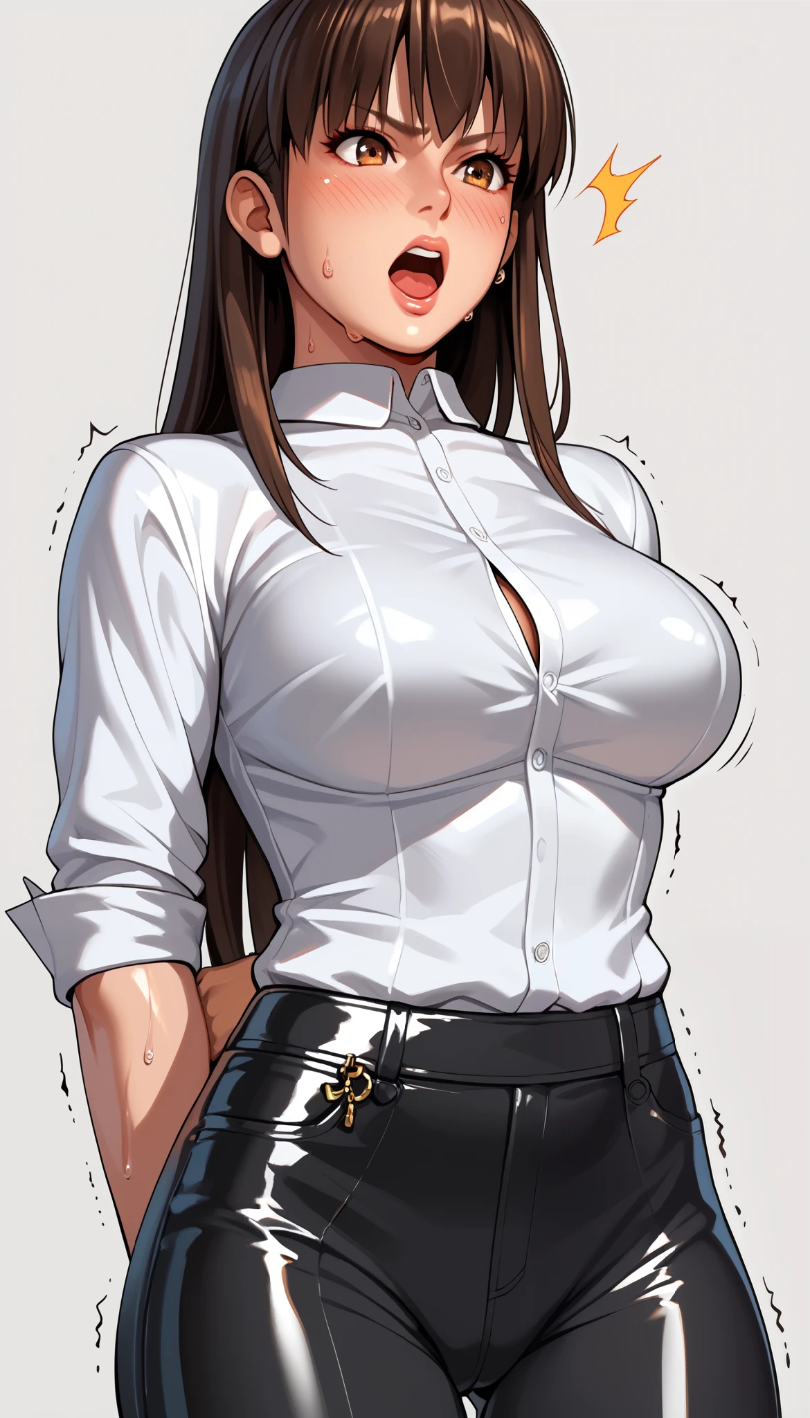 LeiFangDOA, gasp, 1 girl and 1 male, a male holding girl’s inner thigh , glossy black pants, a glossy white business shirt, arms behind back, {{arching the body backward}}, office lady, be breathless, sweat, sparkling sweat, trembling, long brown straight hair, breasts, [[angry]], blush, {anguish}, {{shameful}}