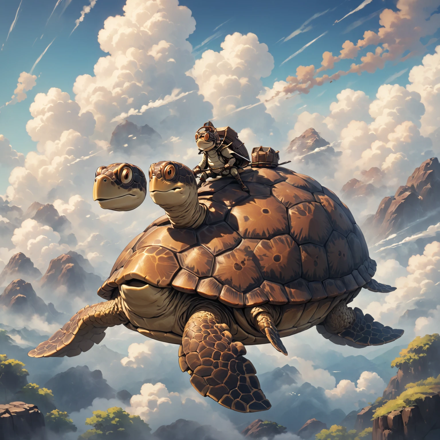  Japanese animation style，A turtle in the clouds.umigame, brown turtle, black eyes.retro artstyle.riding umigame, (your subject and position), brown turtle.