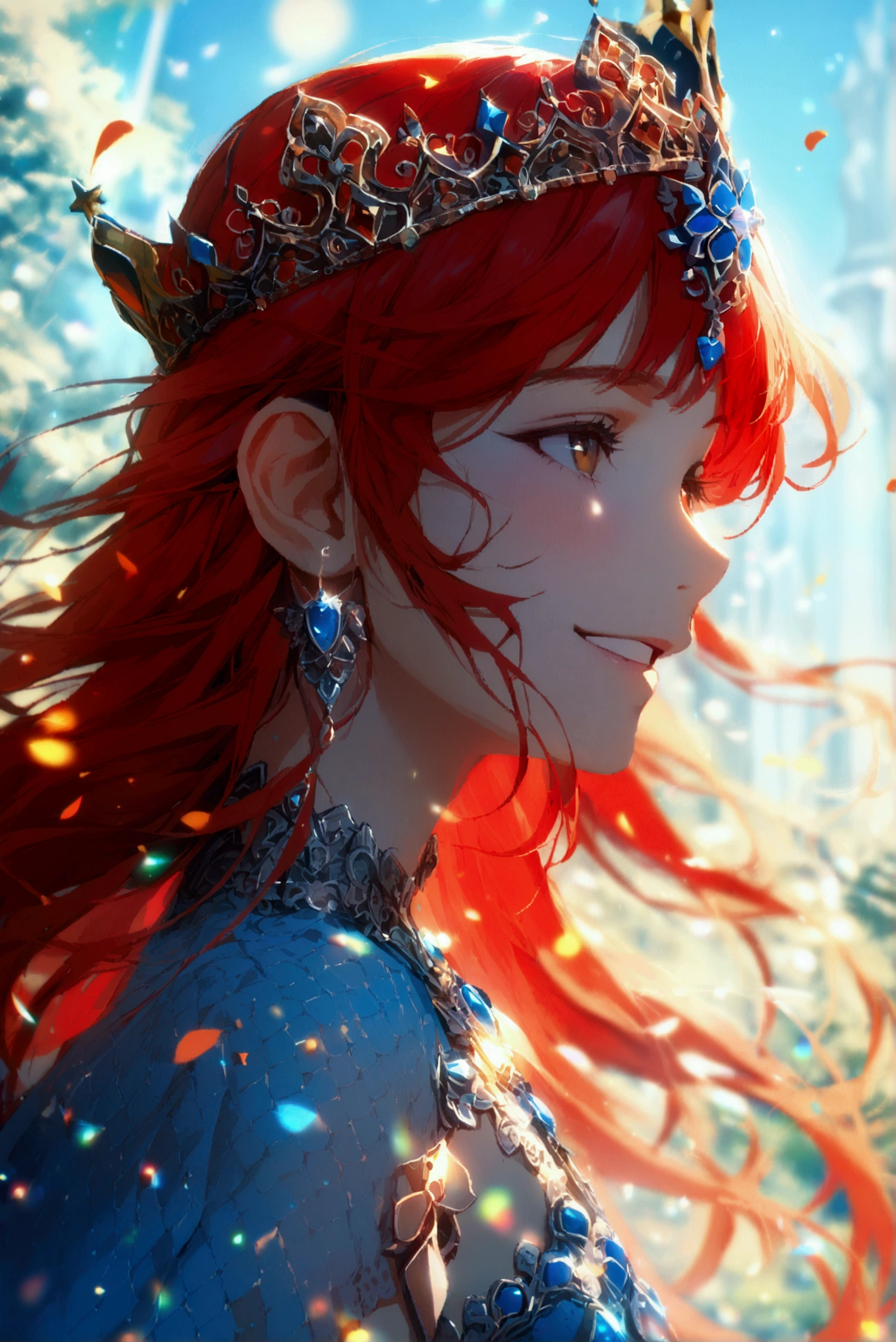   1 girl,  long hair, smile, Red hair and blue hair　 wearing a crown on the head