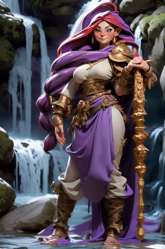 Female dwarf, short stature, freckles, very long red hair, braids, wide hips, huge breasts, long flowing dress, harem pants, long purple cloak, shoulder armor, dancing pose, keytar instrument, tall boots, full body shot, splashing water, in waterfall, wet clothes, wet body