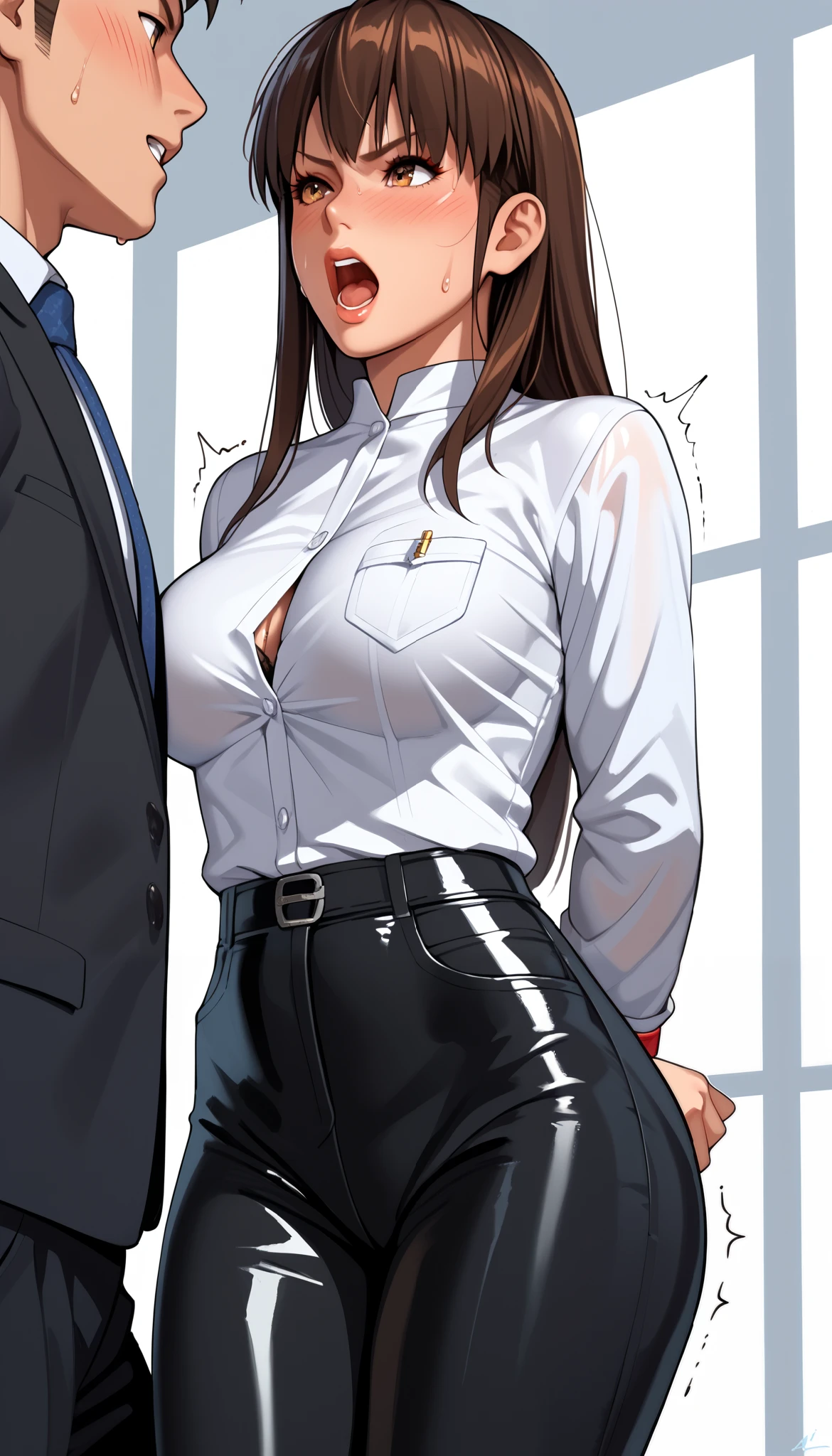 LeiFangDOA, gasp, 1 girl and 1 male, a male holding girl’s inner thigh , glossy black pants, a glossy white business shirt, arms behind back, {{arching the body backward}}, office lady, be breathless, sweat, sparkling sweat, trembling, long brown straight hair, breasts, [[angry]], blush, {anguish}, {{shameful}}