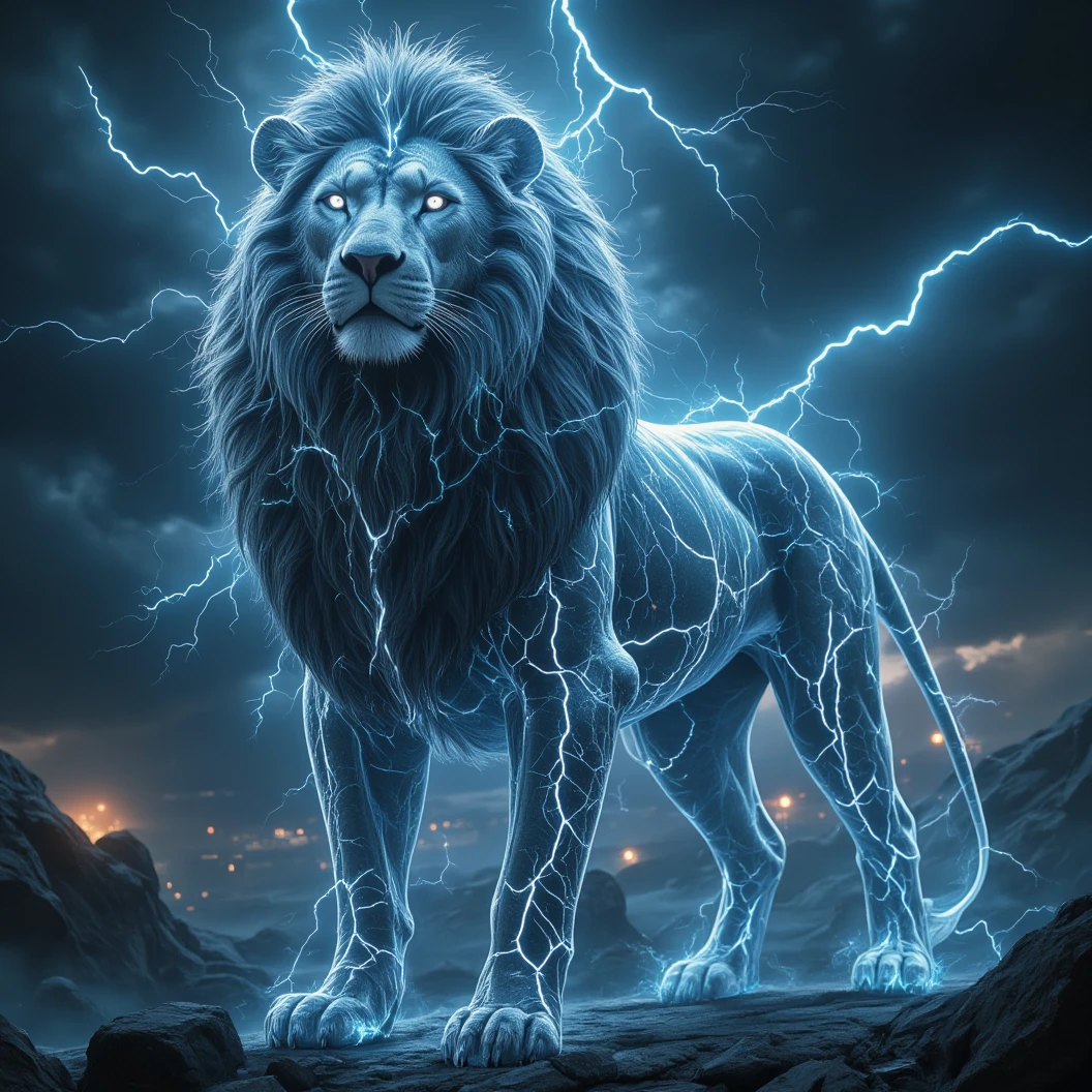 Create a large male lion, made entirely of translucent glass skin that glows and crackles with electricity. Intricate lightning patterns forming its mane and glass-made body. Stands confidently on a surface that pulsates with electric energy. The background features a dynamic stormy atmosphere, filled with electric currents, glowing arcs, and flashes of lightning, creating a powerful and futuristic scene. (Dynamic pose, portraits, majestic, glass-made, translucent)