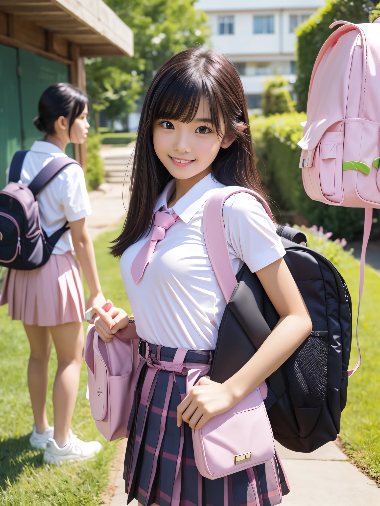 At the ren's park where many ren play , is  ,Girls in Uniform, shows off her beautiful body , beautiful flowing hair ,black semi-long hair, beautiful detailed eyes from outside the train, perfect body for a lawn, perfect face,((Flat Breasts,( erect nipples due to indirect lighting))),(( pink school bags :1.5)), smiles gently ,My classmate boy is playing tricks on the girl ,(( my classmate boy is passionately hugging the girl from behind and touching the girl's boobs))