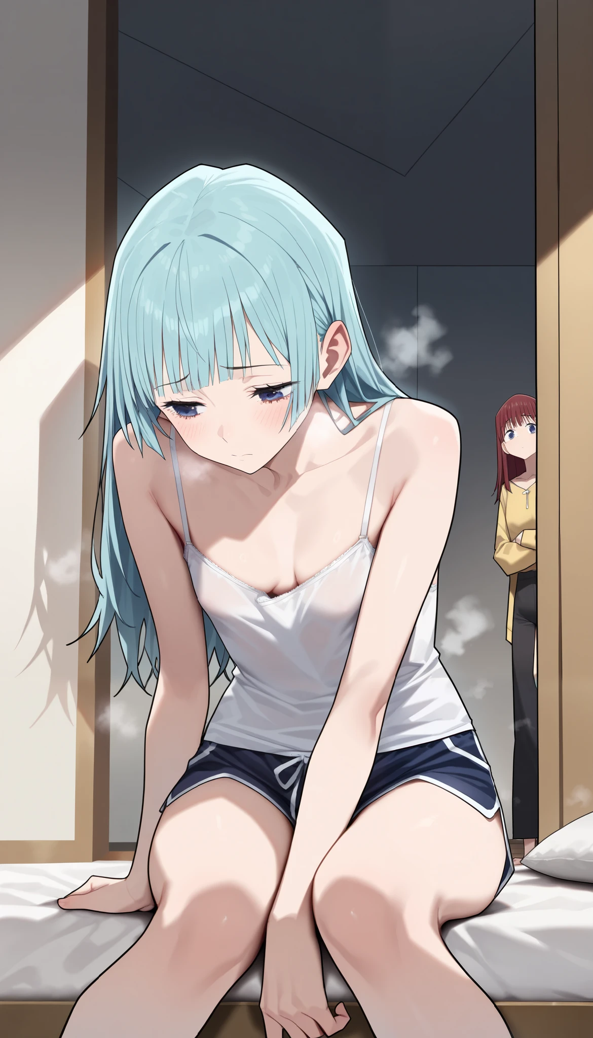 One girl、In the locker room、Blue Hair、Small breasts、Opening a locker with one hand