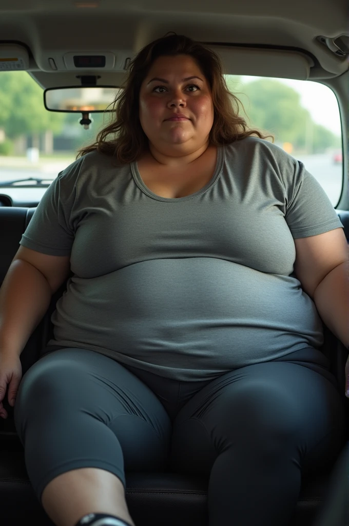 A peaceful car-travelling photo of a young redhead ssbbw with long ginger hair, very soft fat belly, very obese legs, thick fat wide legs and fat arms, huge wide , cute pretty face, fat brea comfortable clothes, gray pants and red T-shirt laying in a car seat