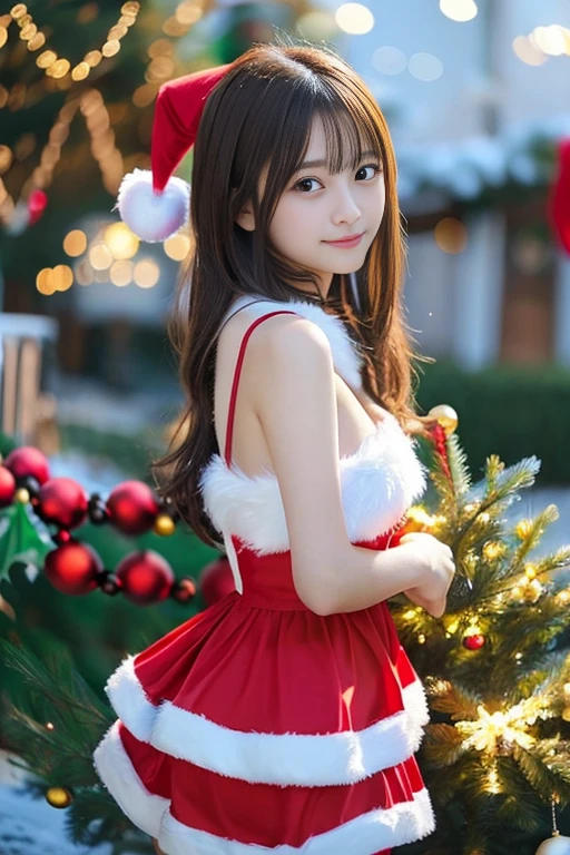  one girl , (18 years old), Japanese Gravure Model , (cute as an idol:1.2), a beauty girl,  Discrete Breasts ,  cleansing facial skin ,  Images of ,  sexy, (Cute Santa Claus Costume:1.2),Lesbian all over、 (beautiful background christmas tree, Illuminations:1.5), ( dynamic angle ,  dynamic pose:1.0), Blake Masterpiece  ,  best quality,  high definition ,  Details skin,  Details,  Details face and eyes, there is nothing,  natural light,  perfect anatomy ,  Physically Based Rendering , photorealistic,  symmetrical clear eyes ,  well-prepared face,Teenage Girl,  PERFECT FIGURE , transparency, hposing gravure idol