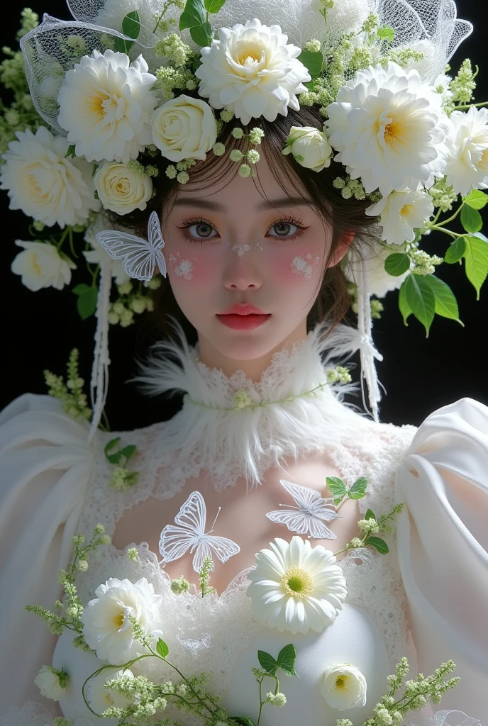 woman wearing a flower-adorned hat with butterflies, fairytale core, artwork in the style of guweiz, guweiz, inspired by Cheng Yanjun, adorable aesthetics, with flowing, ethereal steampunk, dreamlike, ethereal fairytale, dreamlike beauty, 🌺 CG society, guweiz masterpiece, fantasy aesthetics!, belle delphine photo