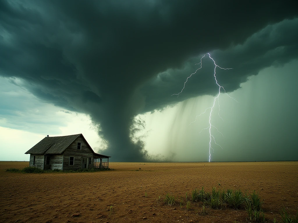 ((masterpiece)) ((photography)) ((Highest quality)) A desolate prairie stretches endlessly, with dry, cracked earth and sparse vegetation under a dramatic, stormy sky. In the foreground, a small, weathered wooden house stands alone, its structure battered by the harsh environment. A massive tornado swirls menacingly in the distance, tearing through the arid fields, while jagged lightning bolts illuminate the dark, ominous clouds above. The atmosphere is tense and apocalyptic, with a sense of isolation and the raw power of nature dominating the scene.