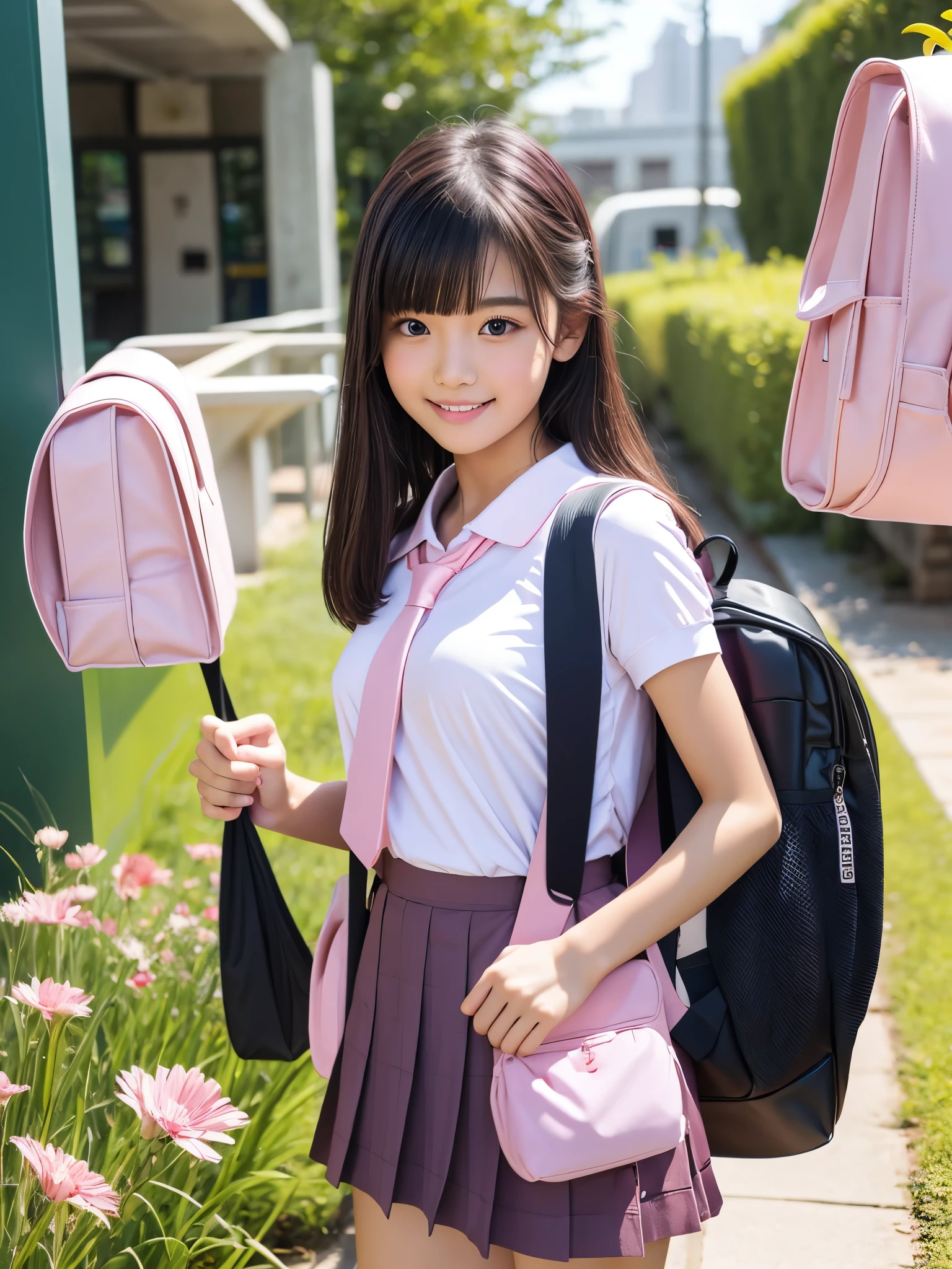 At the ren's park where many ren play , is  ,Girls in Uniform, shows off her beautiful body , beautiful flowing hair ,black semi-long hair, beautiful detailed eyes from outside the train, perfect body for a lawn, perfect face,((Flat Breasts,( erect nipples due to indirect lighting))),(( pink school bags :1.5)), smiles gently ,My classmate boy is playing tricks on the girl ,(( my classmate boy is passionately hugging the girl from behind and touching the girl's boobs))